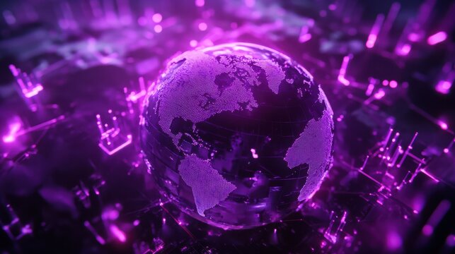4IR fourth industrial revolution on the ultraviolet background of polygon world map globe with blockchain technology peer to peer network. Fourth industrial revolution business banner concept.