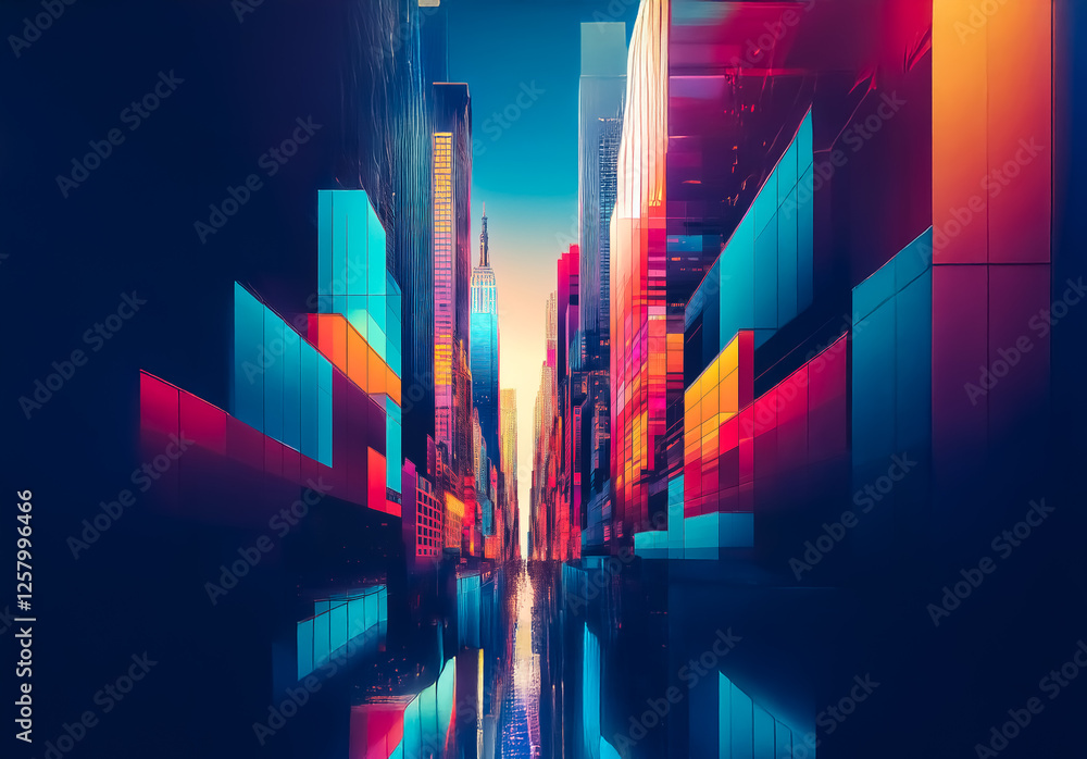 Aufkleber vibrant cityscape with tall buildings in shades of blue, red, orange and yellow. perspective down a 