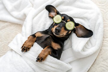 Pawsitively Pampered: A dachshund pup enjoys a luxurious spa day, sporting cucumber slices over its eyes, wrapped in a plush white towel, radiating pure relaxation and canine bliss. 