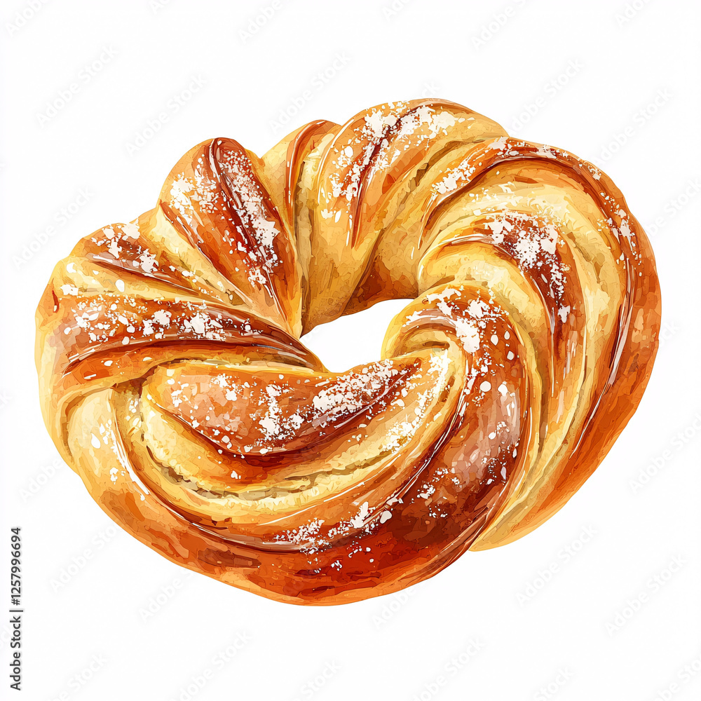 Sticker Golden, twisted pastry dusted with powdered sugar, forming a ring shape against a clean white background.