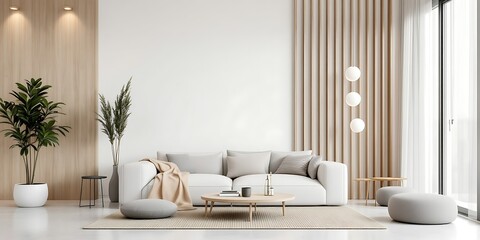 Modern living room, minimalist design, wooden accents, large window