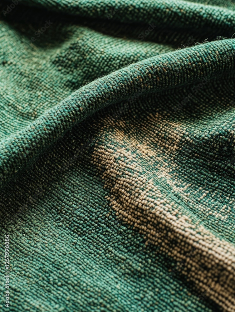 Poster close-up of green woven cloth with intricate patterns, showcasing the texture and color variation wi