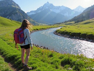 Naklejka premium Young woman with long hair and backpack on her back on a trail near a river hiking in spring mountains