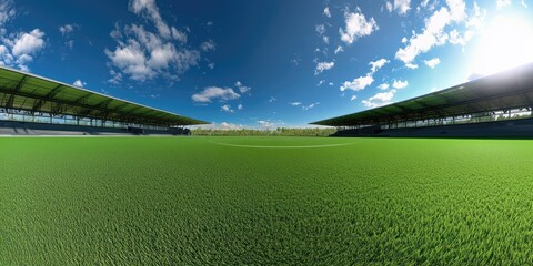 Fototapeta premium A wide-angle shot of the empty grass field inside an open-air stadium, with a green and blue sky