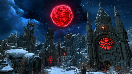 Blood moon over snowy gothic ruins; fantasy game scene