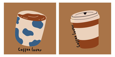 Cartoon retro coffee posters. Craft paper cup, coffee machines, coffee makers, kettles, brewing, glass, cappuccino. Minimalist coffee banners for wall decor, prints. Barista theme