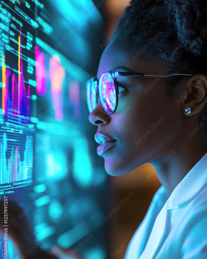 Poster woman analyzing data on a modern digital interface in a lab.