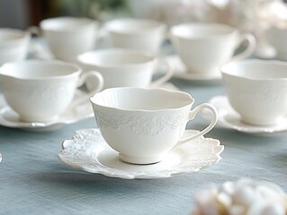 Several porcelain teacups with matching sugar bowls, each intricately designed in blue and white. A part of a formal table setting or an elegant tea party collection.