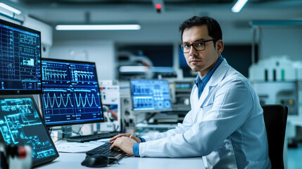 Experienced engineer analyzing data in modern laboratory setting, focused on screens displaying complex graphs and metrics