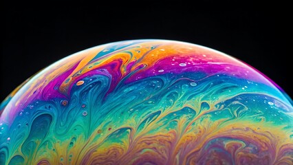 Cosmic Soap Bubble: A close-up of an iridescent soap bubble, capturing mesmerizing swirls of color and abstract patterns resembling a celestial nebula.