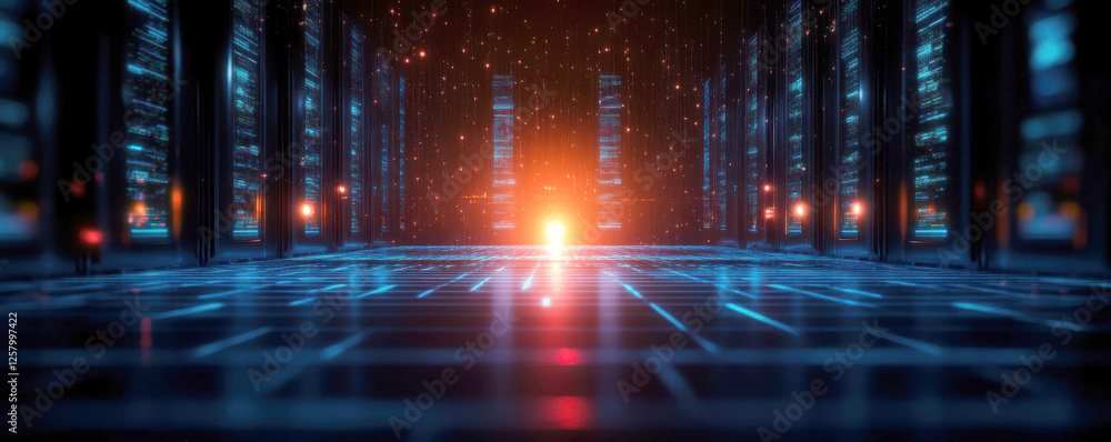 Poster futuristic cyber environment with glowing elements and grids.