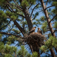 A hawk&rsquo;s nest high in a towering pine tree.