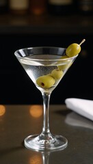 Classic martini cocktail with green olives in a bar setting ideal for events