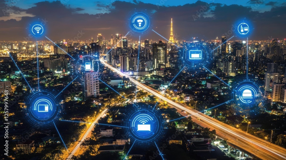 Poster smart technology and iot with digital connected devices on a blue abstract background.