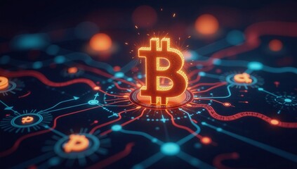 Futuristic abstraction portrays financial market dynamics involving Bitcoin and other cryptocurrencies within a global digital-encryption network landscape