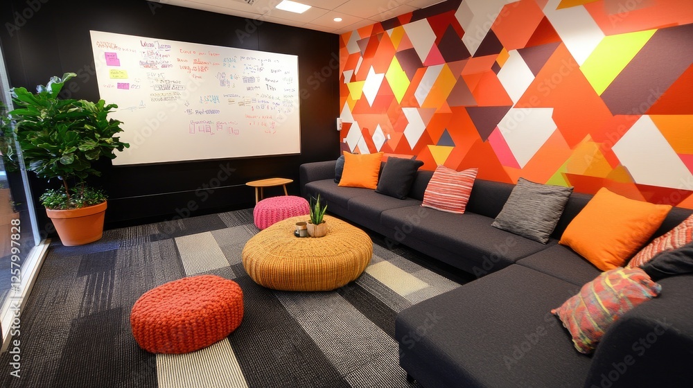 Aufkleber startup brainstorming area with an interactive whiteboard covered in handwritten notes.