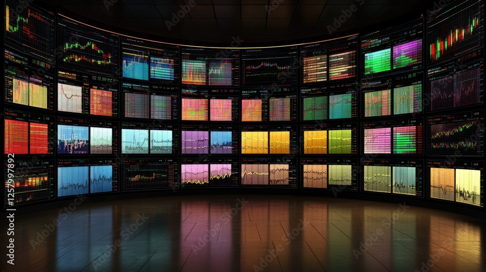 Poster stock market analysis workspace with multiple data-driven screens.