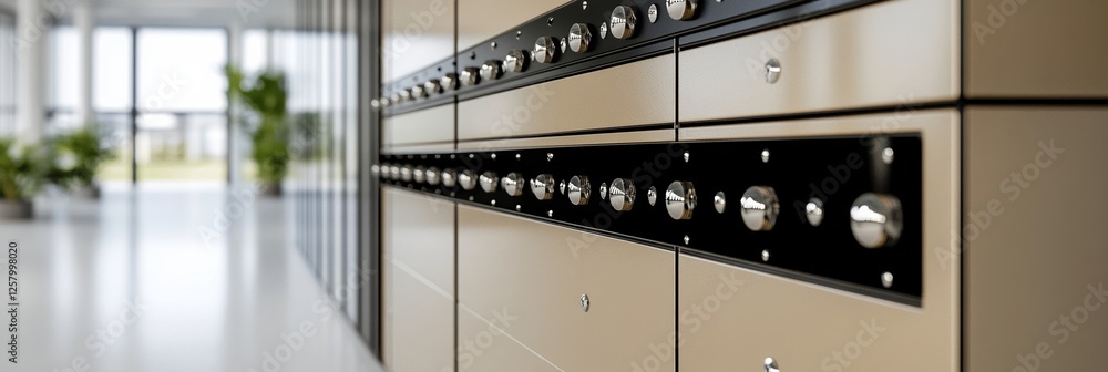 Aufkleber elegant combination lock close up on a safe deposit box wall with surrounding compartments reflectin