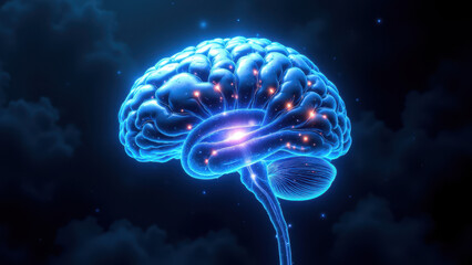 Brain illustration with AI-like light effects.