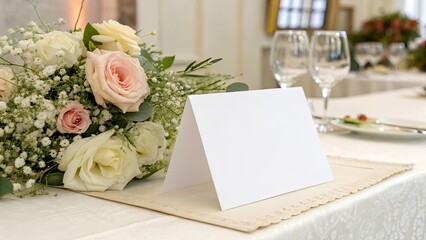 Paper Table Card Horizontal. Wedding Table Setting with Flowers.	
