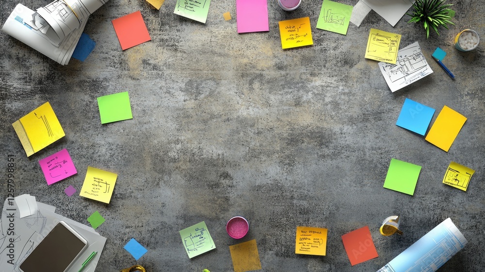 Aufkleber top-down view of a meeting table filled with colorful sticky notes and blueprints.