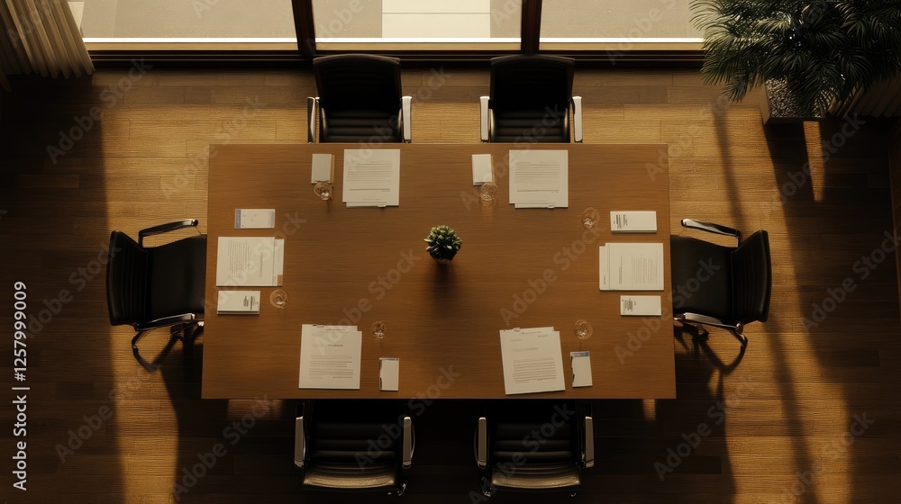 Poster top-down view of a meeting table with printed slides and business reports.