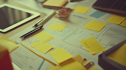 Top view of an office desk with workflow charts, business plans, and pens.