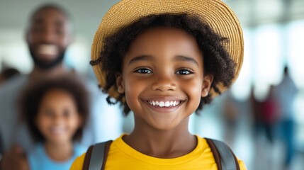 African American family smiling while boarding a plane tropical getaway vibe with bright skies and travel gear 