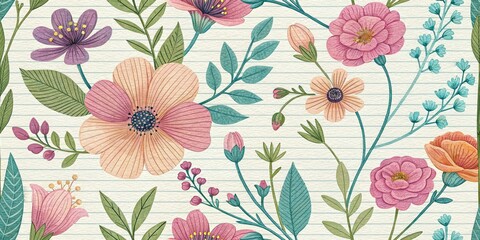 Vintage Pastel Flower Illustrations Journal Paper Background - Retro Floral Design