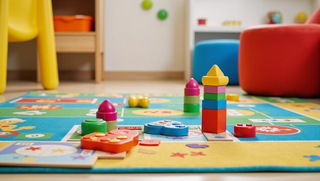 Colorful educational block toy-filled childs playroom and game floor for pre-schoolkindergarten aged kids in an engaging interior space