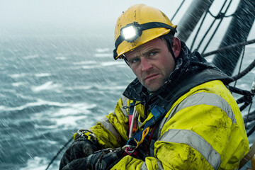 Fototapeta premium worker in yellow rain jacket and helmet faces harsh weather at sea, showcasing determination and resilience