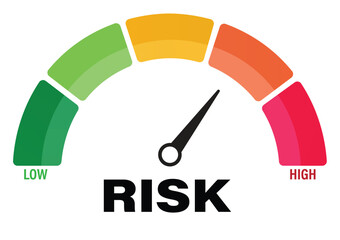 Vector speedometer meter with arrow for dashboard with green, yellow, orange and red indicators. Gauge of tachometer. Low, medium, high and risk levels. Bitcoin fear and greed index cryptocurrency