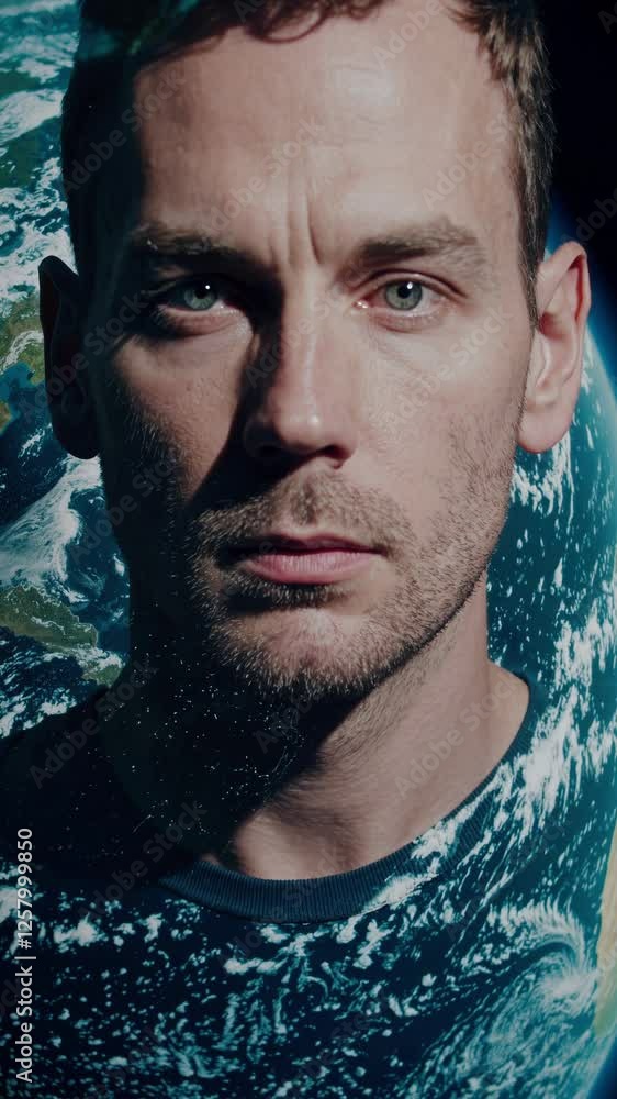 Poster a man's face merging with planet earth, surrounded by drifting nebula clouds and distant stars, crea