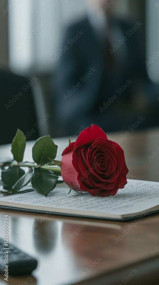 Aufkleber elegant bachelor recap concept with a red rose resting on an open notebook filled with handwritten n