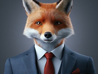 Close-up of anthropomorphic animal in a suit. Featuring a fox wearing a tailored business suit. Highlighting elegance and sophistication. Ideal for advertising campaigns.