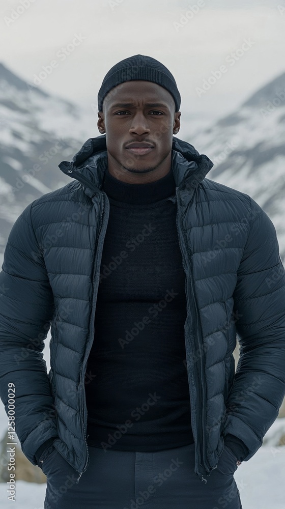 Poster elegant black wool mesh base layer worn under a performance jacket during a snowy mountain hike with