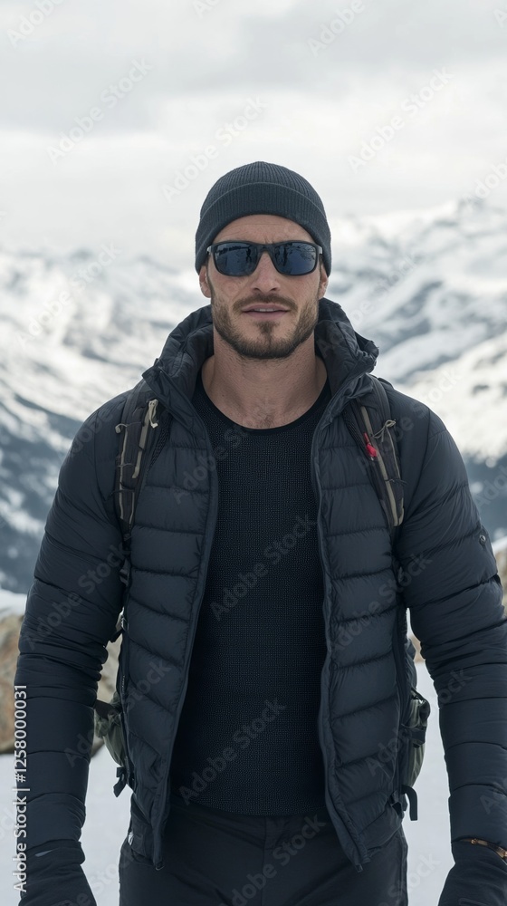 Poster elegant black wool mesh base layer worn under a performance jacket during a snowy mountain hike with