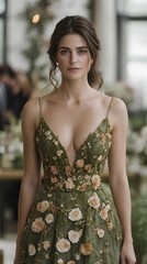 Fototapeta premium Elegant Breezy sage green dress covered in hand painted floral designs displayed on a mannequin against a light garden inspired backdrop spring elegance 