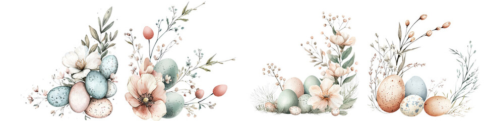Elegant floral bouquets with pastel Easter eggs and delicate spring branches  Vintage romantic arrangement of roses tulips and other blooming flowers in a rustic vase  Beautiful natural