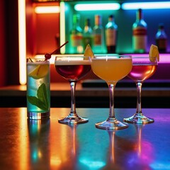 Four cocktails illuminated by neon lights on a bar counter