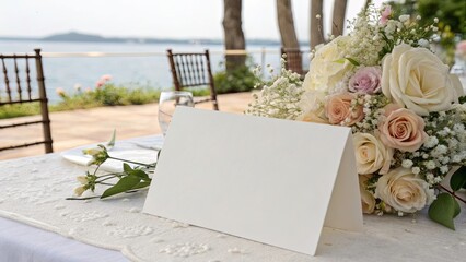 Paper Table Card Horizontal. Wedding Table Setting with Flowers.	
