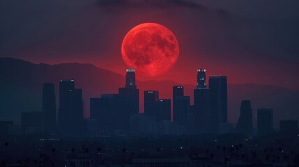 Dramatic supermoon rising over city skyline