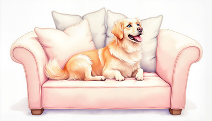 Happy golden retriever lounging on pink couch, comfort and joy