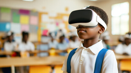 Elementary school student wearing a virtual reality headset explores immersive learning experiences in a modern classroom, engaging with innovative technology for education