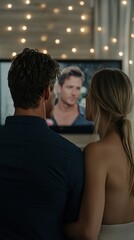 Obraz premium Elegant Cozy living room decorated with rose themed cushions string lights and a glowing TV showing the Bachelor premiere night setup romantic ambiance 