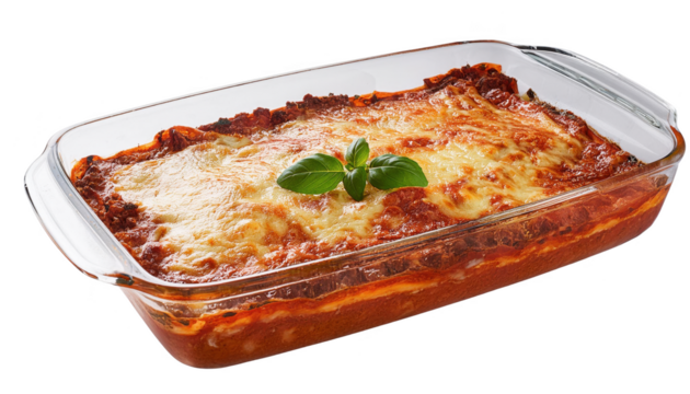 Delicious lasagna in a glass dish, freshly baked with melted cheese and herbs.