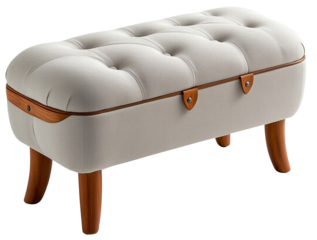 Stylish fabric ottoman with tufted design and wooden legs, isolated on transparent background.