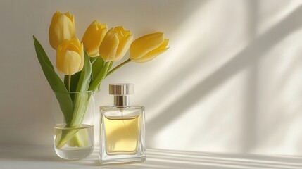a sculpted glass perfume bottle paired with a simple clear vase holding bright yellow tulips, the scene imbued with soft, natural tones