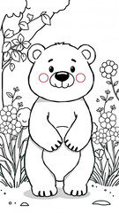 Naklejka premium A cute bear cub in a flowery forest waiting to be colored.
