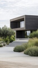 Fototapeta premium Elegant Eco friendly fireproof home featuring charred wood siding using the shou sugi ban technique nestled among drought tolerant plants innovative protection 